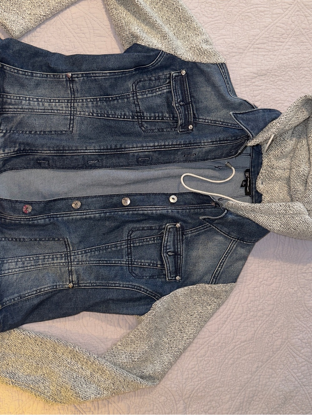 INC International Concepts Blue Denim Jacket with Gray Knit Hooded Sleeves